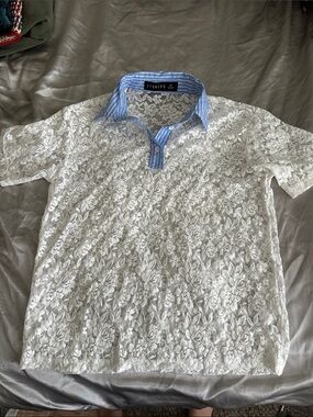 Lioness White Lace Polo with Blue Stripe Collar